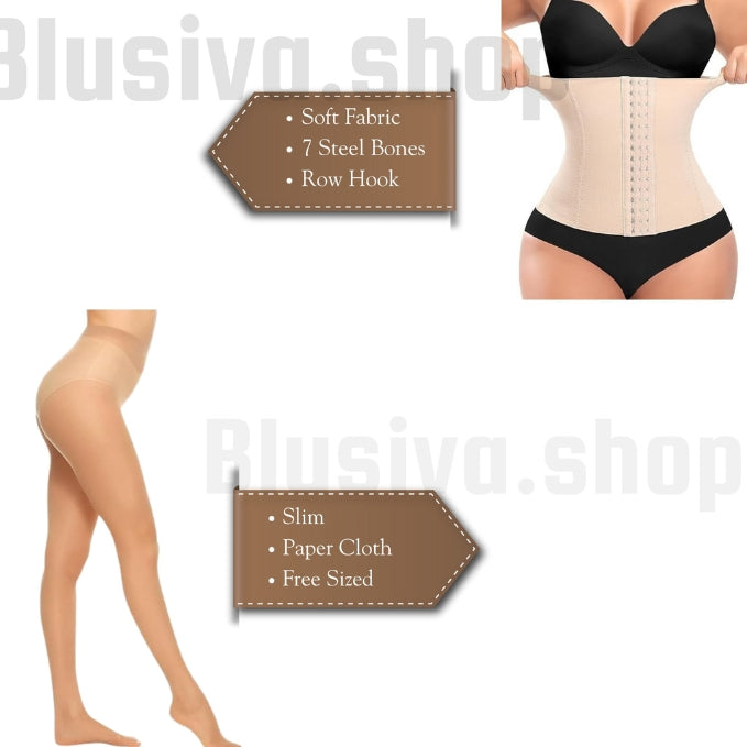 Blusiva Women’s 2-in-1 Combo (Beige) – Sheer Pantyhose & Waist Trainer Slim Belt