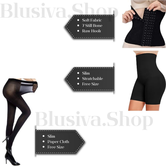 Blusiva Women’s 3-in-1 Combo (Black) – Sheer Pantyhose, Waist Trainer Slim Belt & High Waist Tummy Control Shapewear Shorts