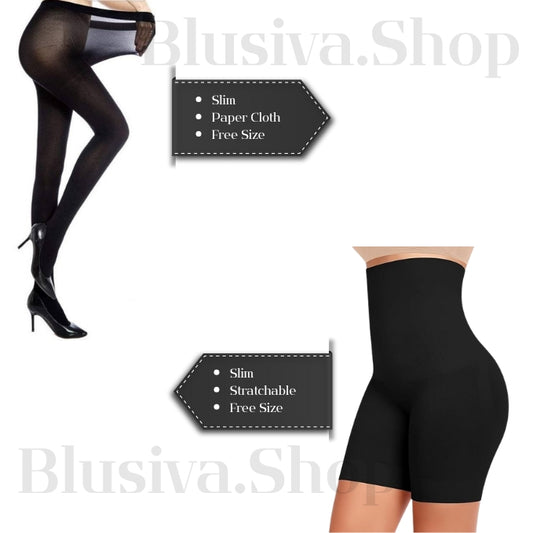 Blusiva Women’s 2-in-1 Combo (Black) – Sheer Pantyhose & High Waist Tummy Control Shapewear Shorts