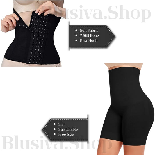 Blusiva Women’s 2-in-1 Combo (Black) – High Waist Tummy Control Shapewear Shorts & Waist Trainer Slim Belt