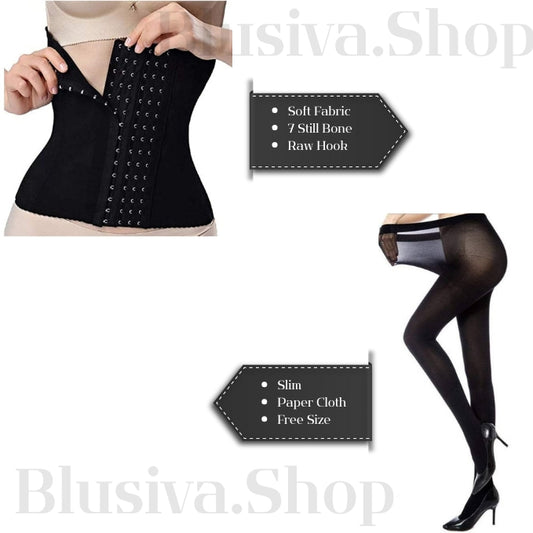 Blusiva Women’s 2-in-1 Combo (Black) – Sheer Pantyhose & Waist Trainer Slim Belt