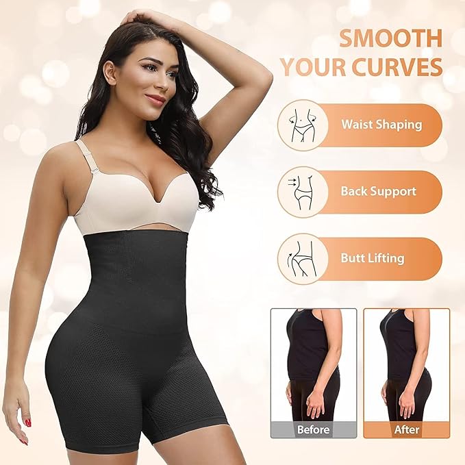 Blusiva Women’s High Waist Black Tummy Control Shapewear Shorts  Feel confident, sleek, and unstoppable in timeless black—anytime, anywhere!
