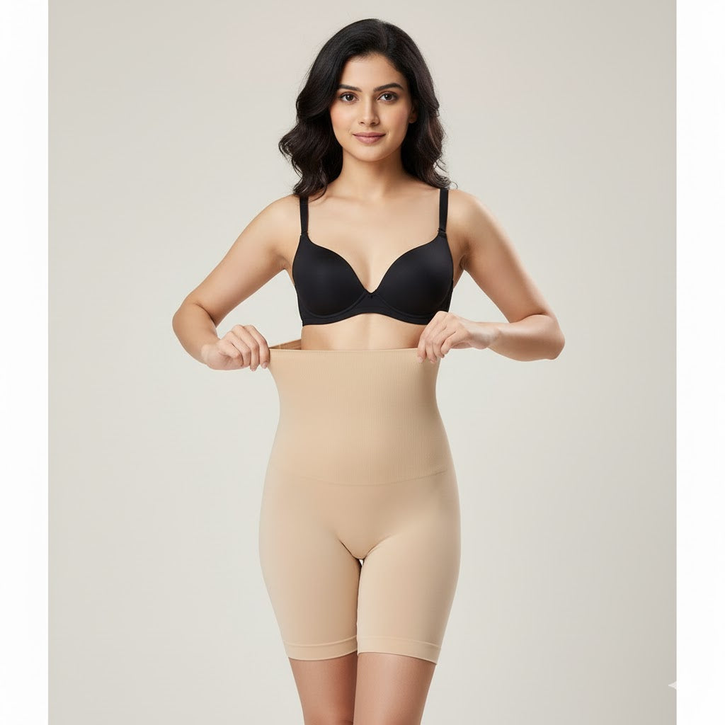 Blusiva Women’s High Waist Beige and Black Tummy Control Shapewear Shorts Feel confident, sleek, and unstoppable anytime, anywhere!